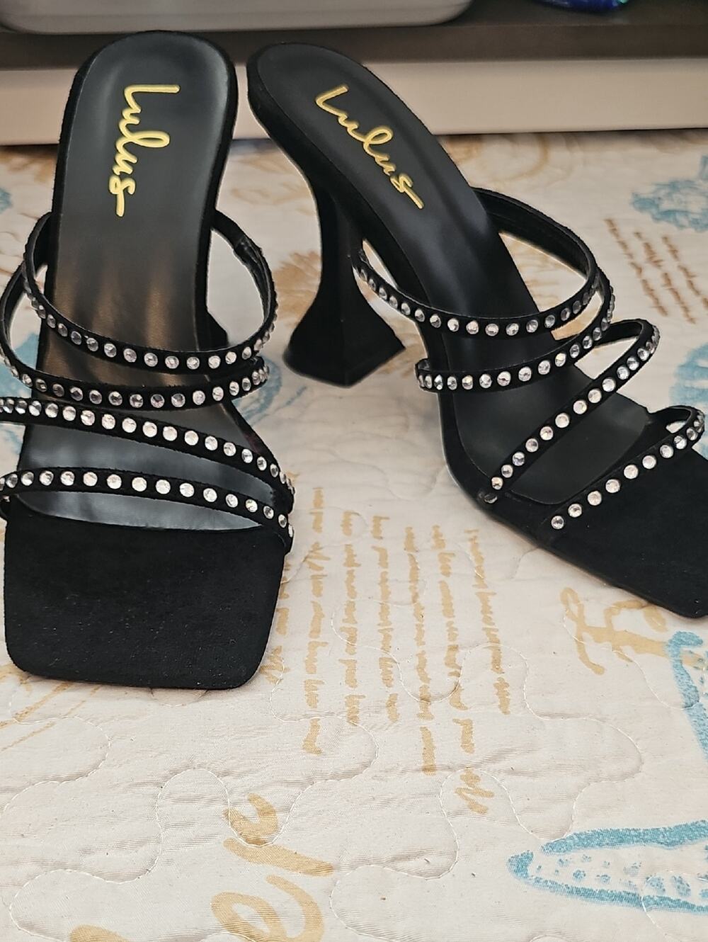Lulu's Carlotta Black Crystal-Strap Square Toe Mule Heels Size 7.5